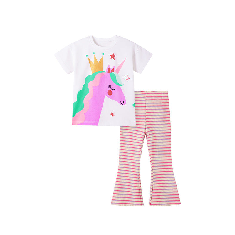 Summer Baby Kids Cartoon Unicorn Pattern T-shirt and Striped Pants Clothing Set for Girls-3