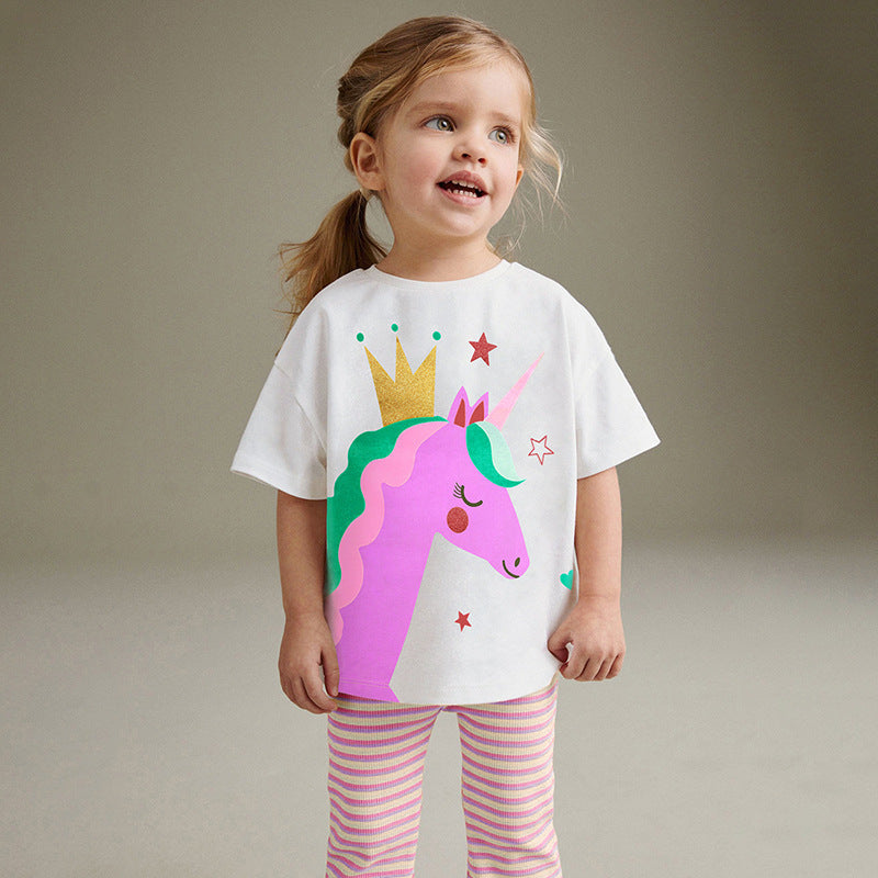 Summer Baby Kids Cartoon Unicorn Pattern T-shirt and Striped Pants Clothing Set for Girls-1