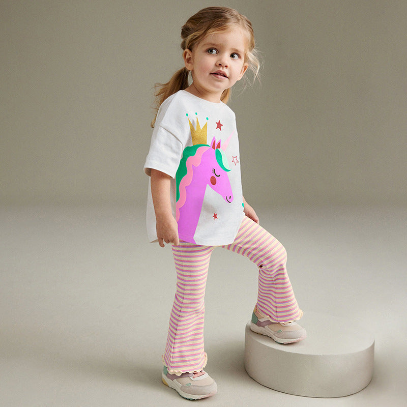 Summer Baby Kids Cartoon Unicorn Pattern T-shirt and Striped Pants Clothing Set for Girls-0