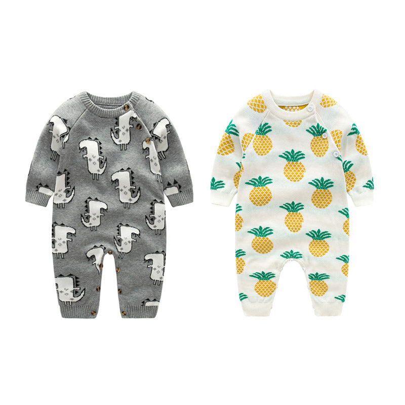 Baby Dinosaur & Pineapple Pattern Shoulder Button Design Knitting Romper Jumpsuit-0